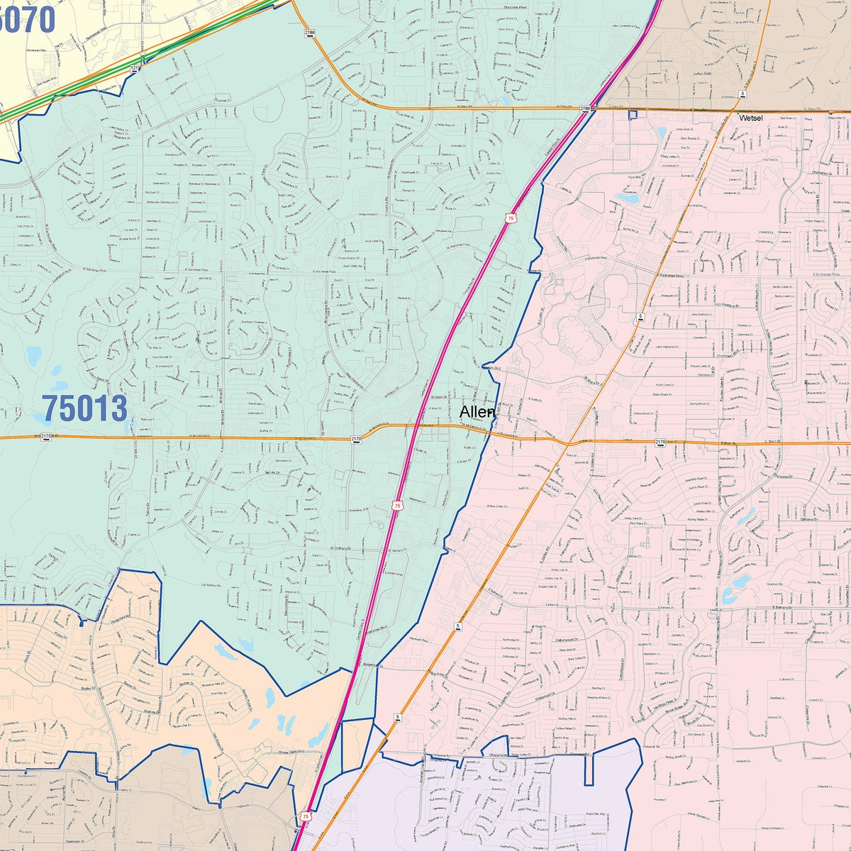 Colorcast Zip Code Style Wall Map of Plano, TX