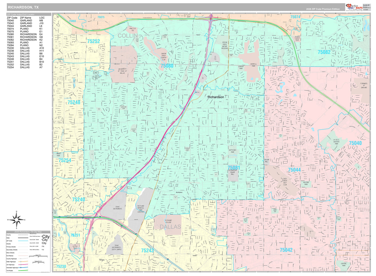 Premium Style Wall Map of Richardson, TX