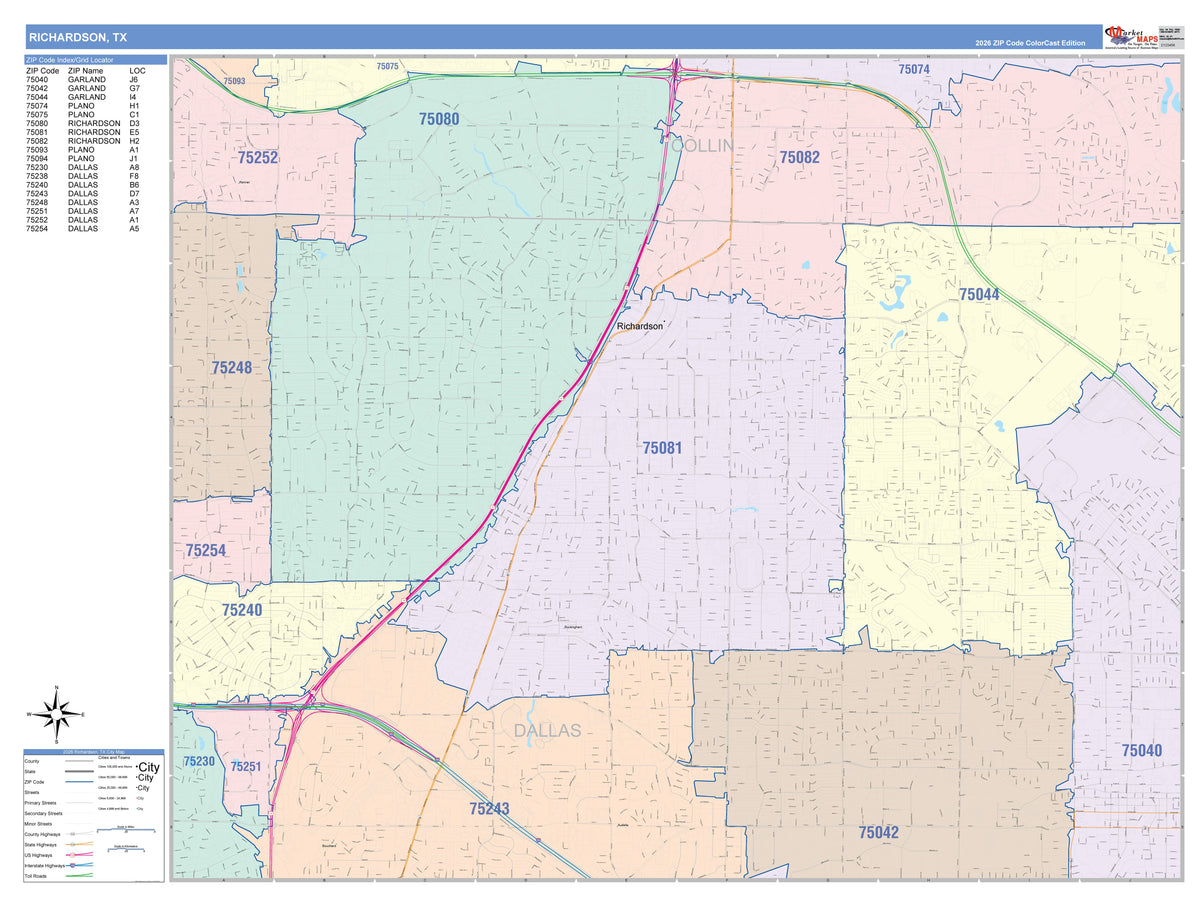 Colorcast Zip Code Style Wall Map of Richardson, TX