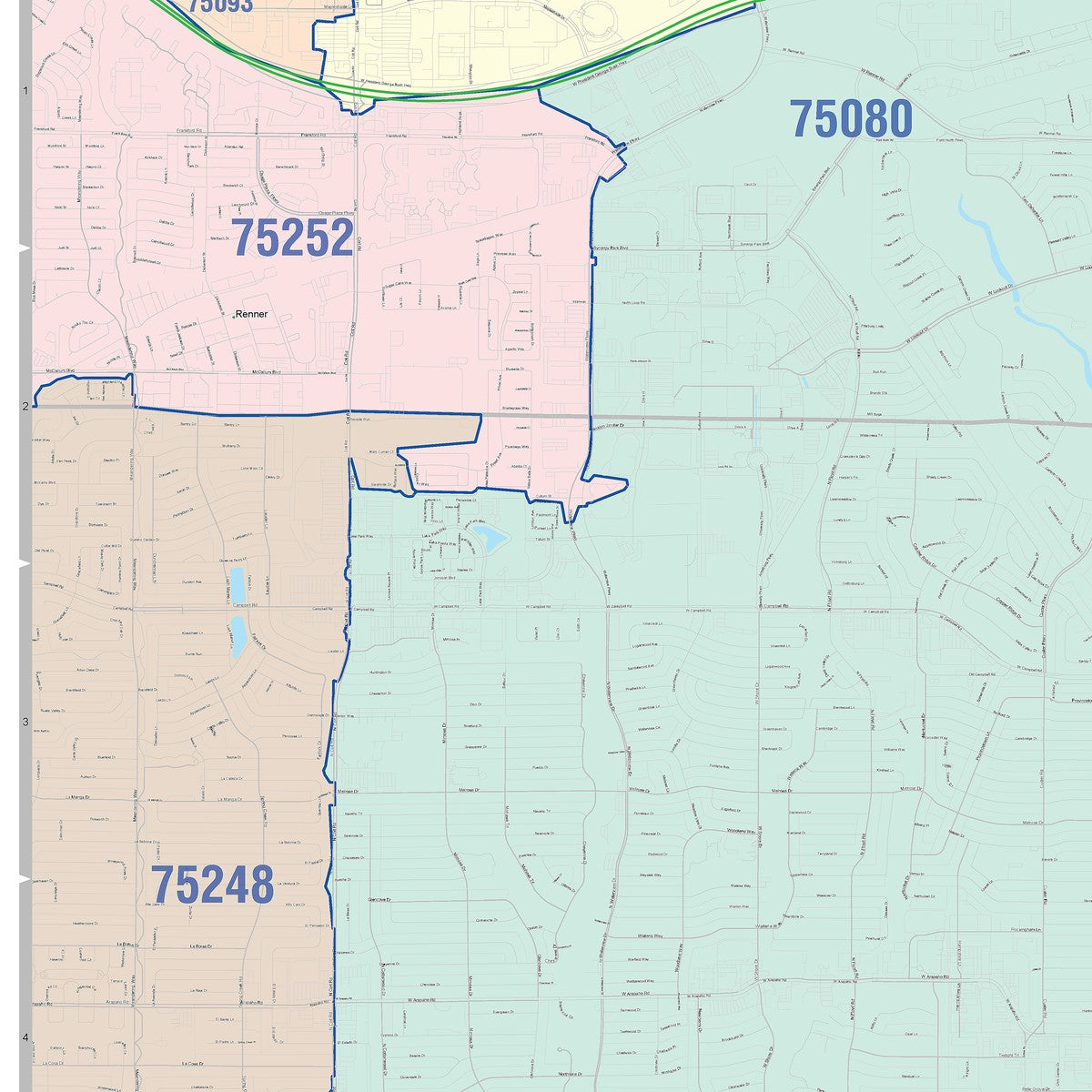 Colorcast Zip Code Style Wall Map of Richardson, TX