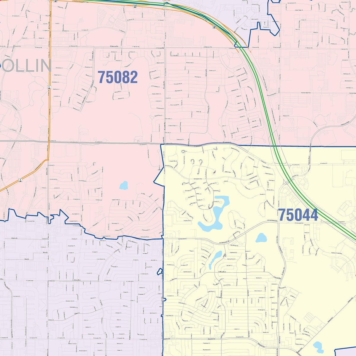 Colorcast Zip Code Style Wall Map of Richardson, TX