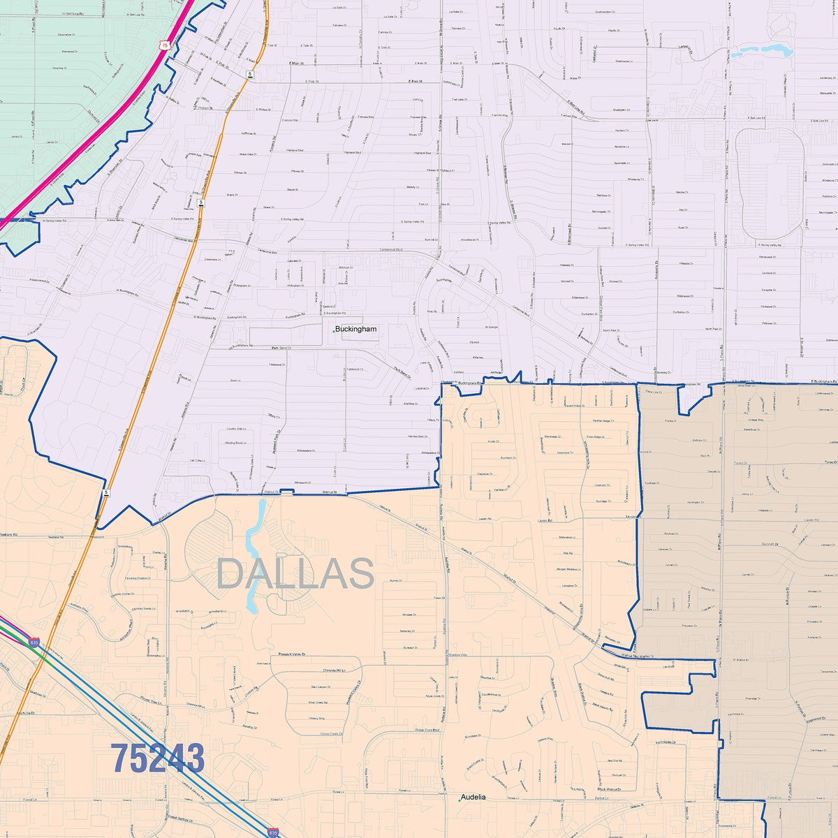 Colorcast Zip Code Style Wall Map of Richardson, TX