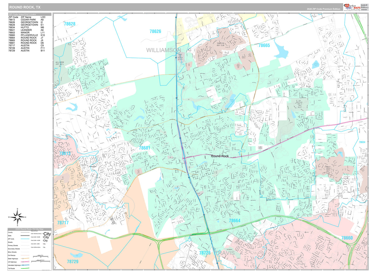 Premium Style Wall Map of Round Rock, TX