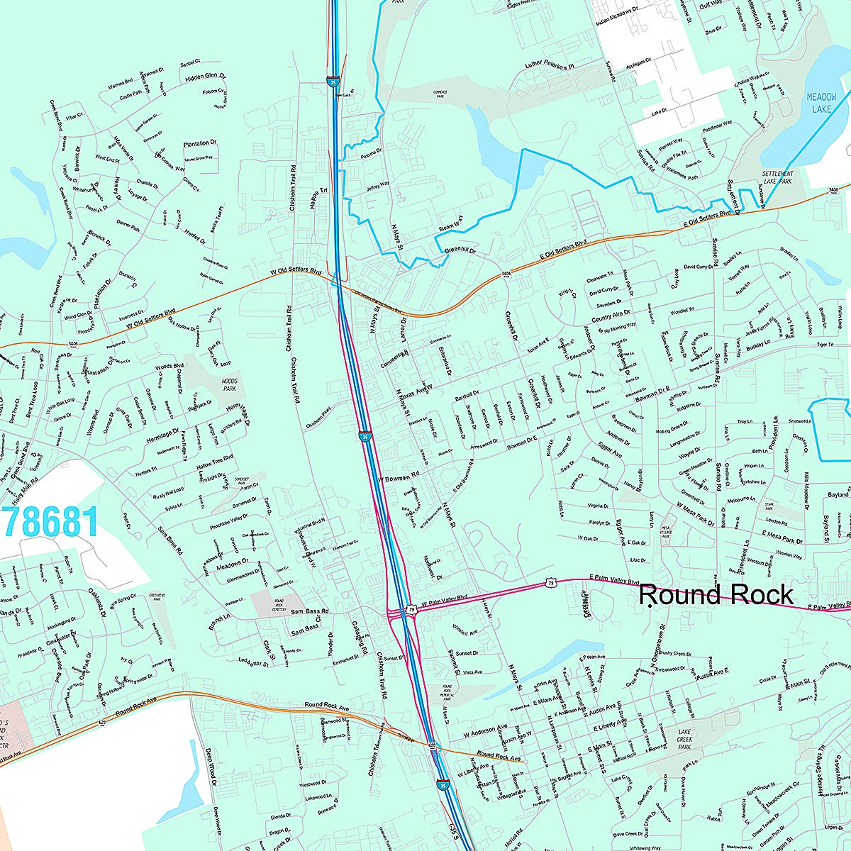 Premium Style Wall Map of Round Rock, TX