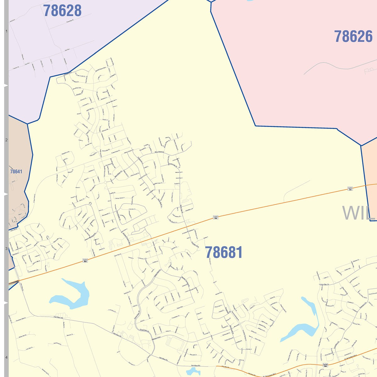 Colorcast Zip Code Style Wall Map of Round Rock, TX