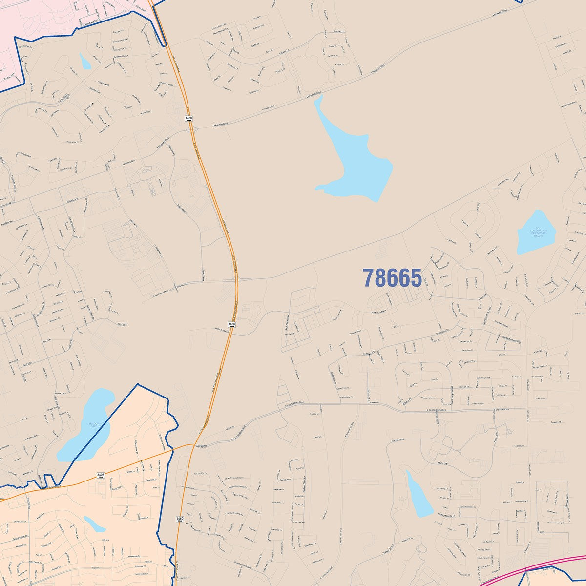Colorcast Zip Code Style Wall Map of Round Rock, TX