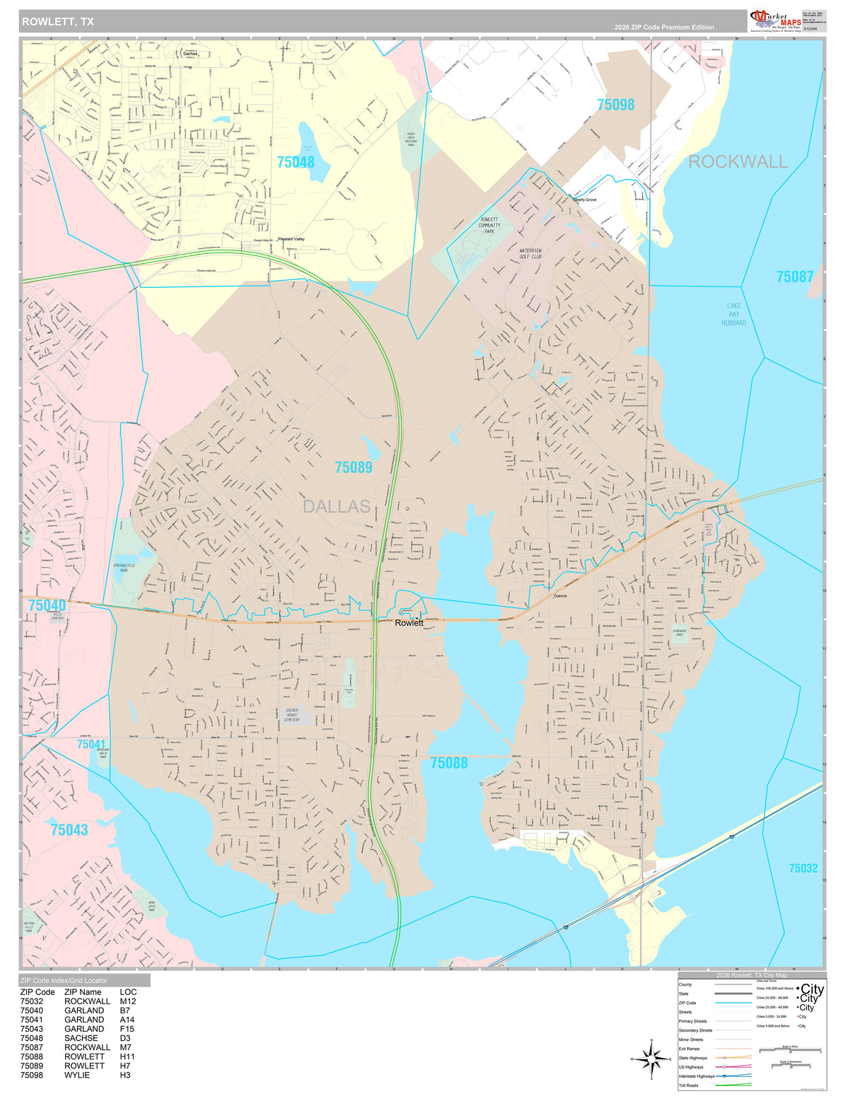 Premium Style Wall Map of Rowlett, TX