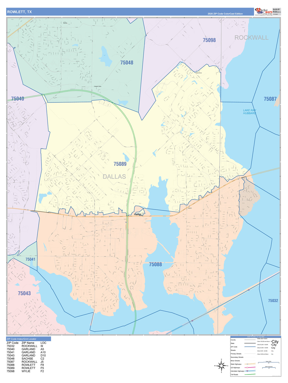 Colorcast Zip Code Style Wall Map of Rowlett, TX