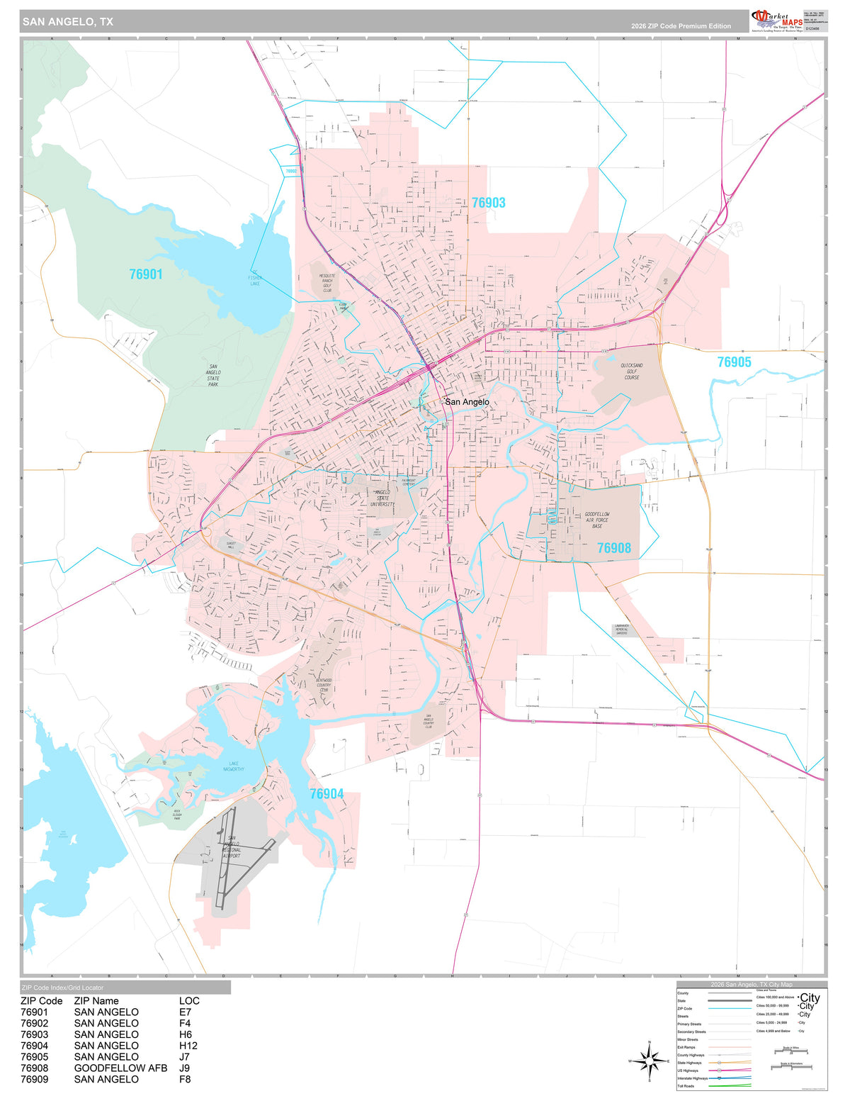 Premium Style Wall Map of San Angelo, TX