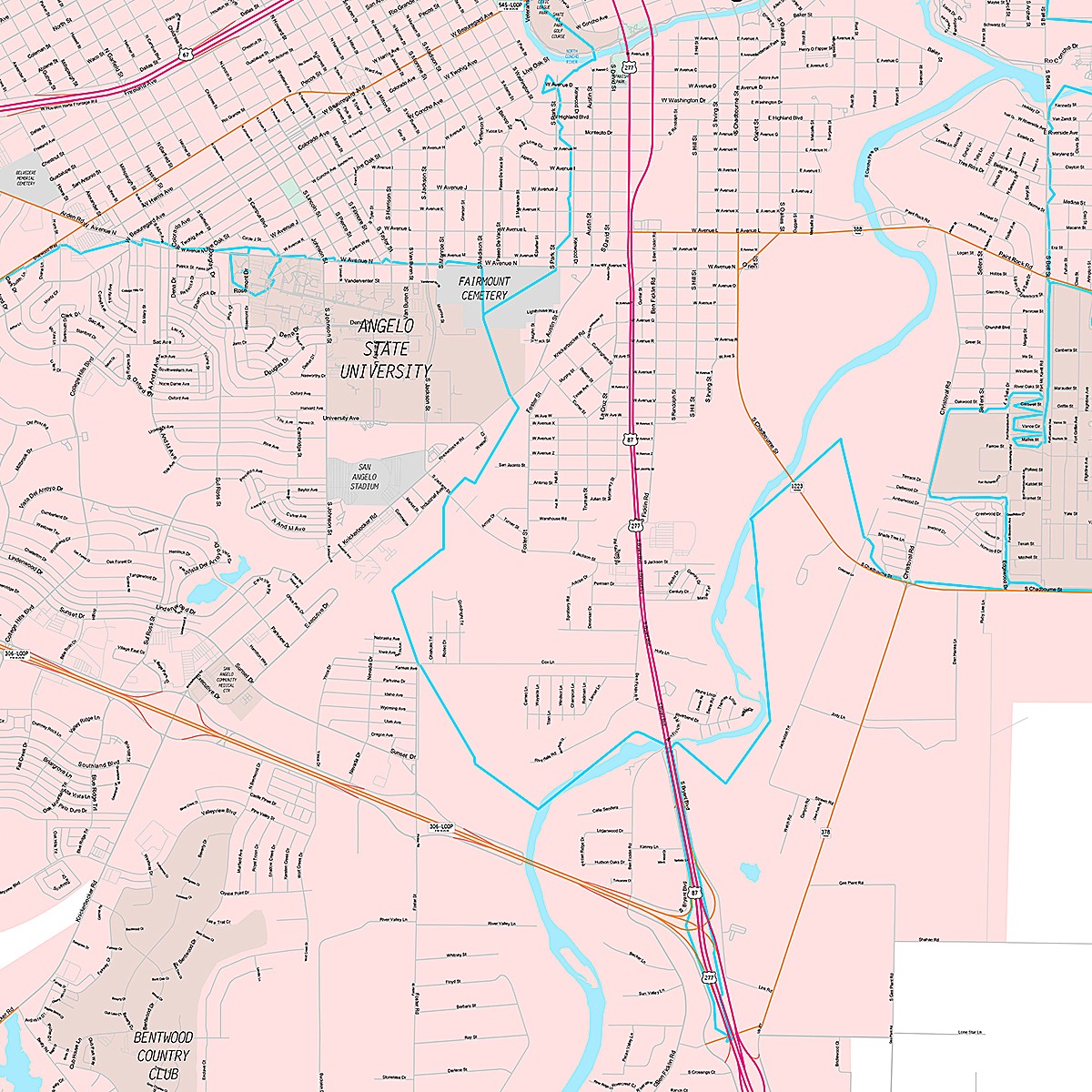 Premium Style Wall Map of San Angelo, TX