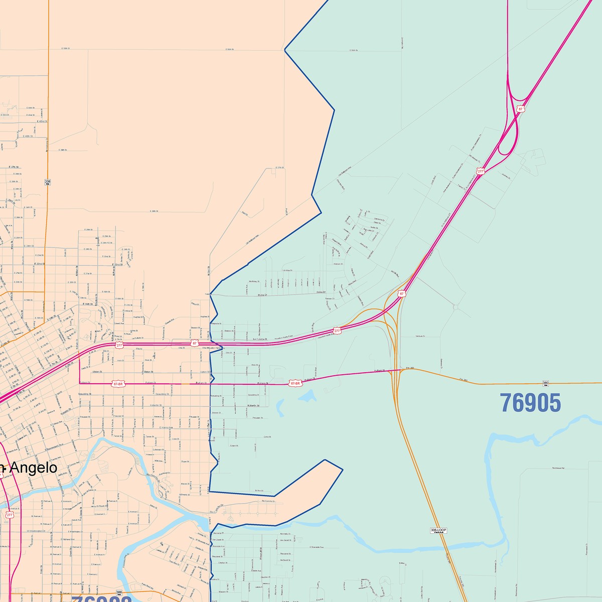 Colorcast Zip Code Style Wall Map of San Angelo, TX