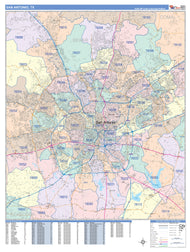 Colorcast Zip Code Style Wall Map of San Antonio by Market Maps
