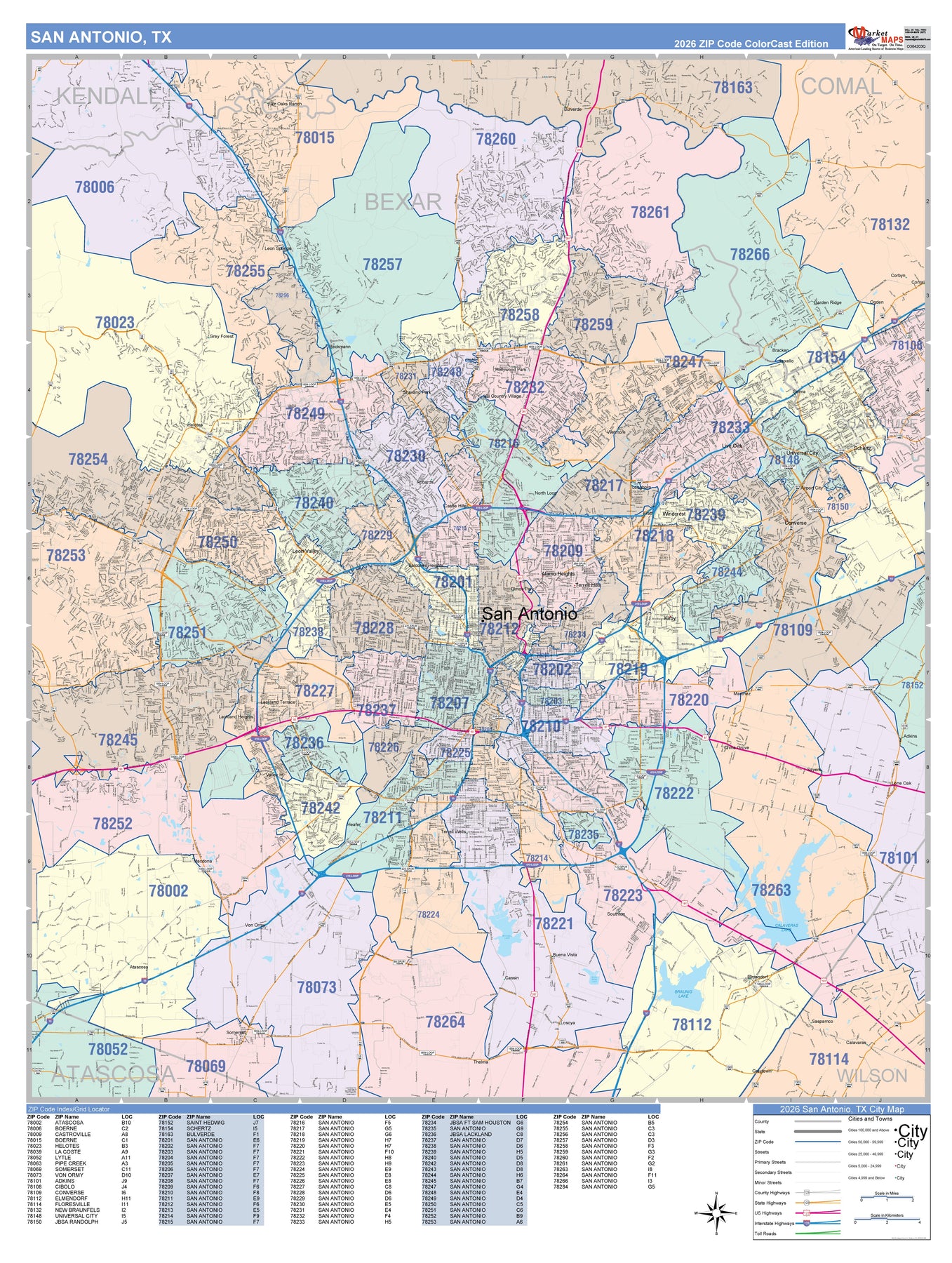 Colorcast Zip Code Style Wall Map of San Antonio by Market Maps