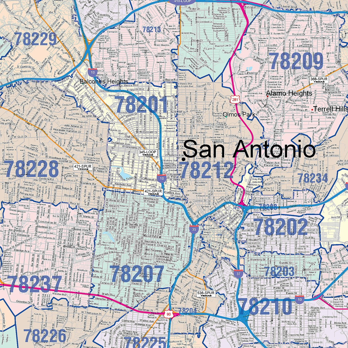 Colorcast Zip Code Style Wall Map of San Antonio by Market Maps