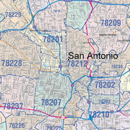 Colorcast Zip Code Style Wall Map of San Antonio by Market Maps