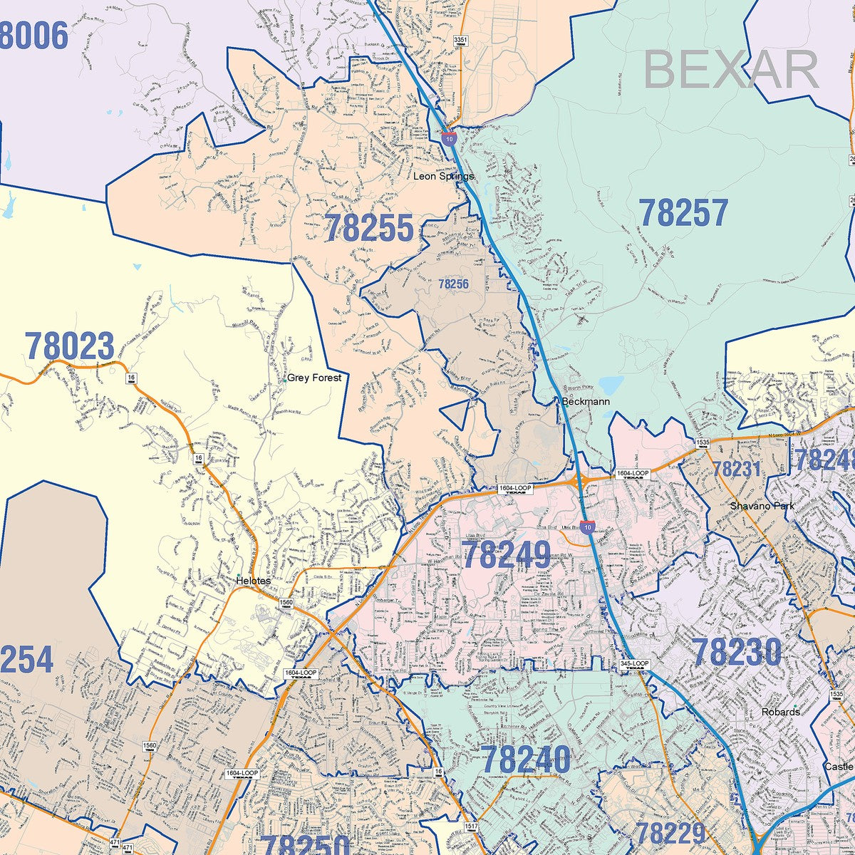 Colorcast Zip Code Style Wall Map of San Antonio by Market Maps