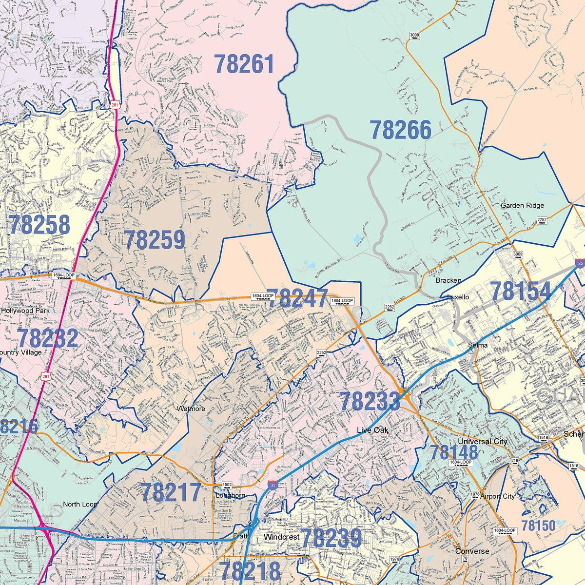 Colorcast Zip Code Style Wall Map of San Antonio by Market Maps