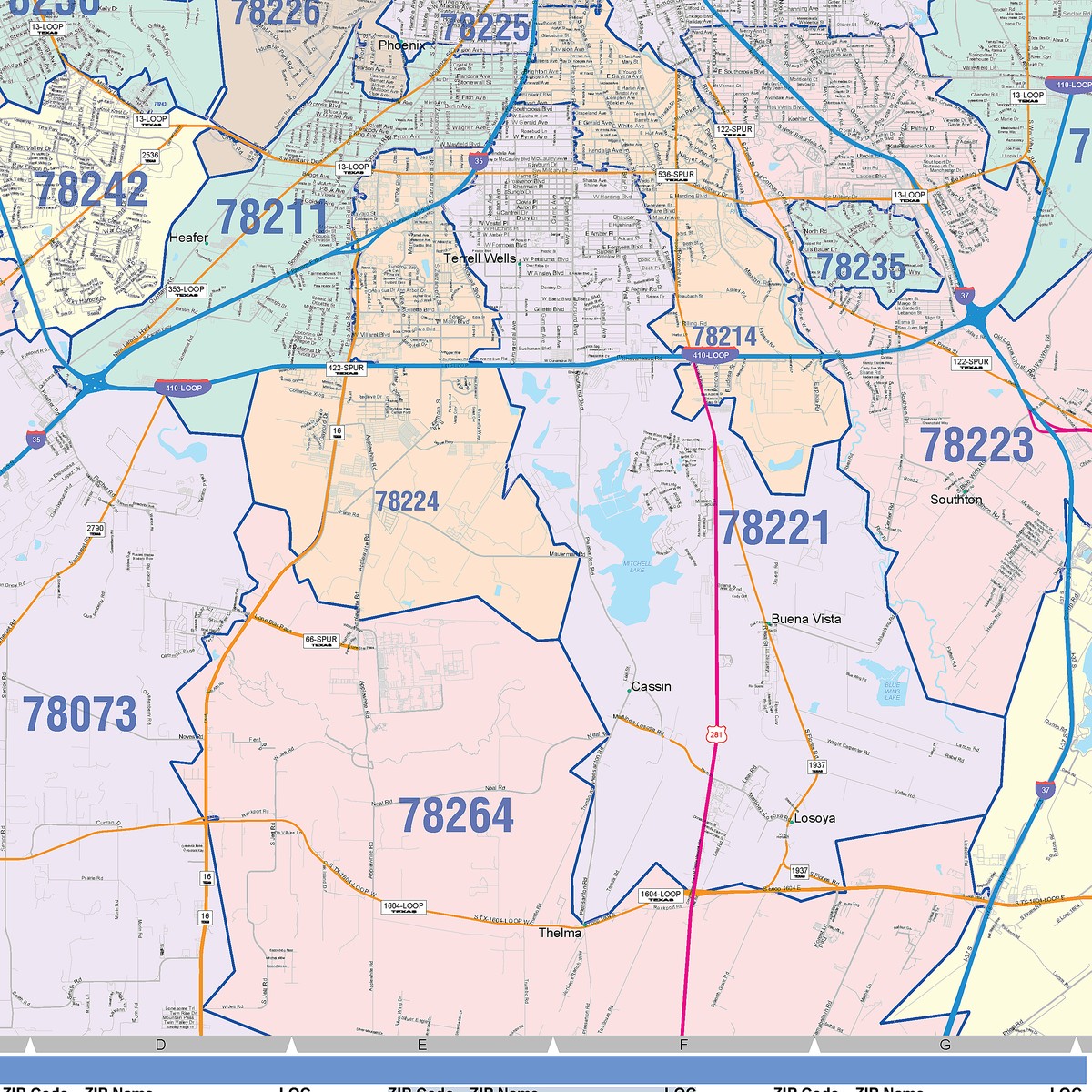Colorcast Zip Code Style Wall Map of San Antonio by Market Maps