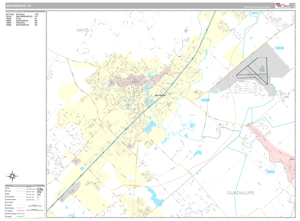 Premium Style Wall Map of San Marcos, TX