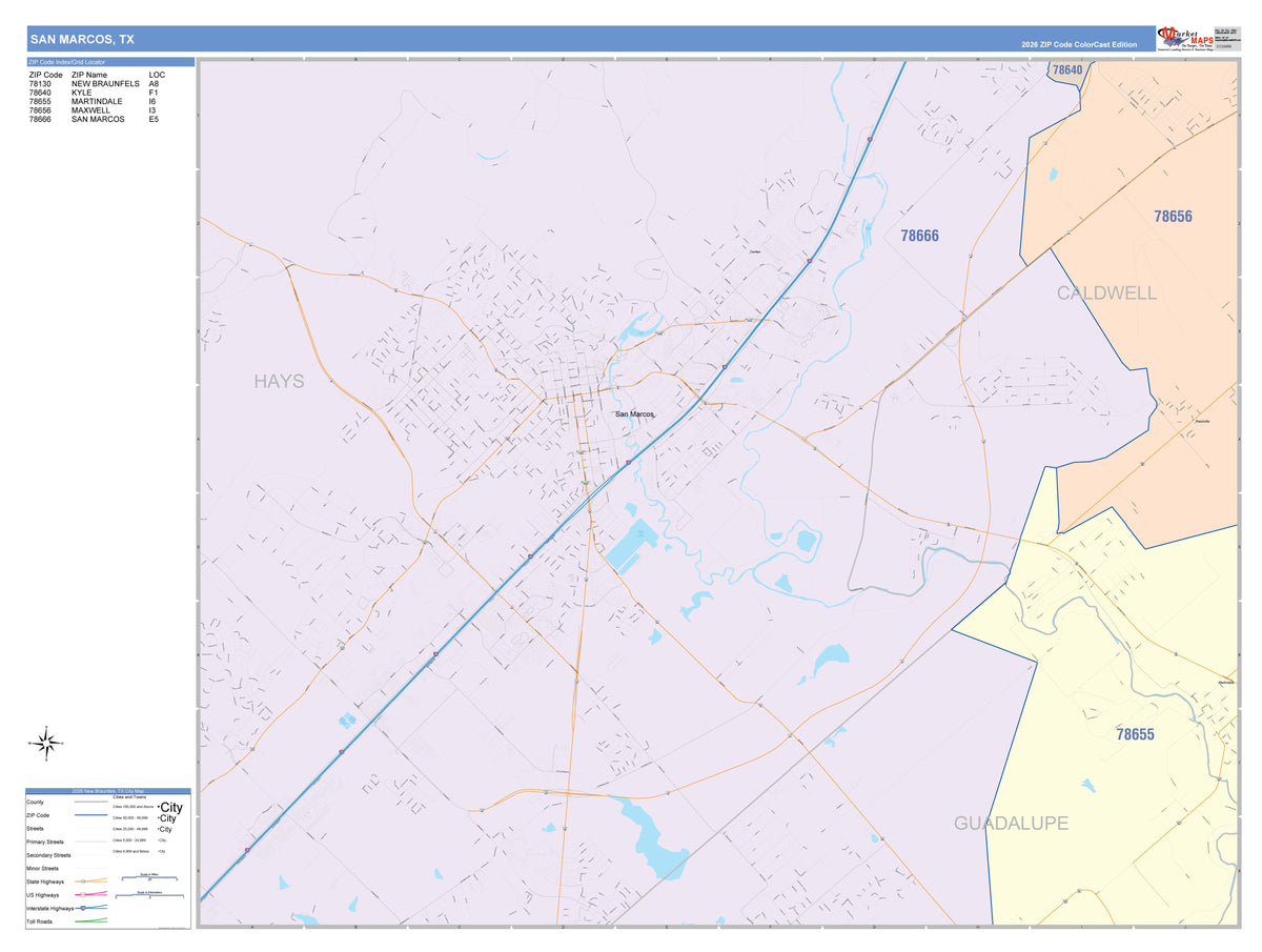 Colorcast Zip Code Style Wall Map of San Marcos, TX