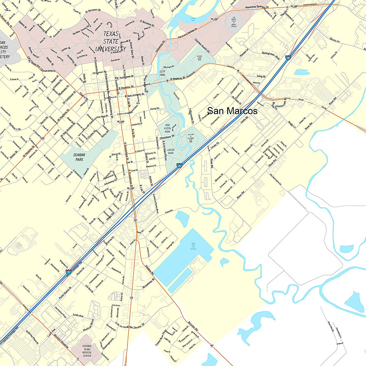 Premium Style Wall Map of San Marcos, TX