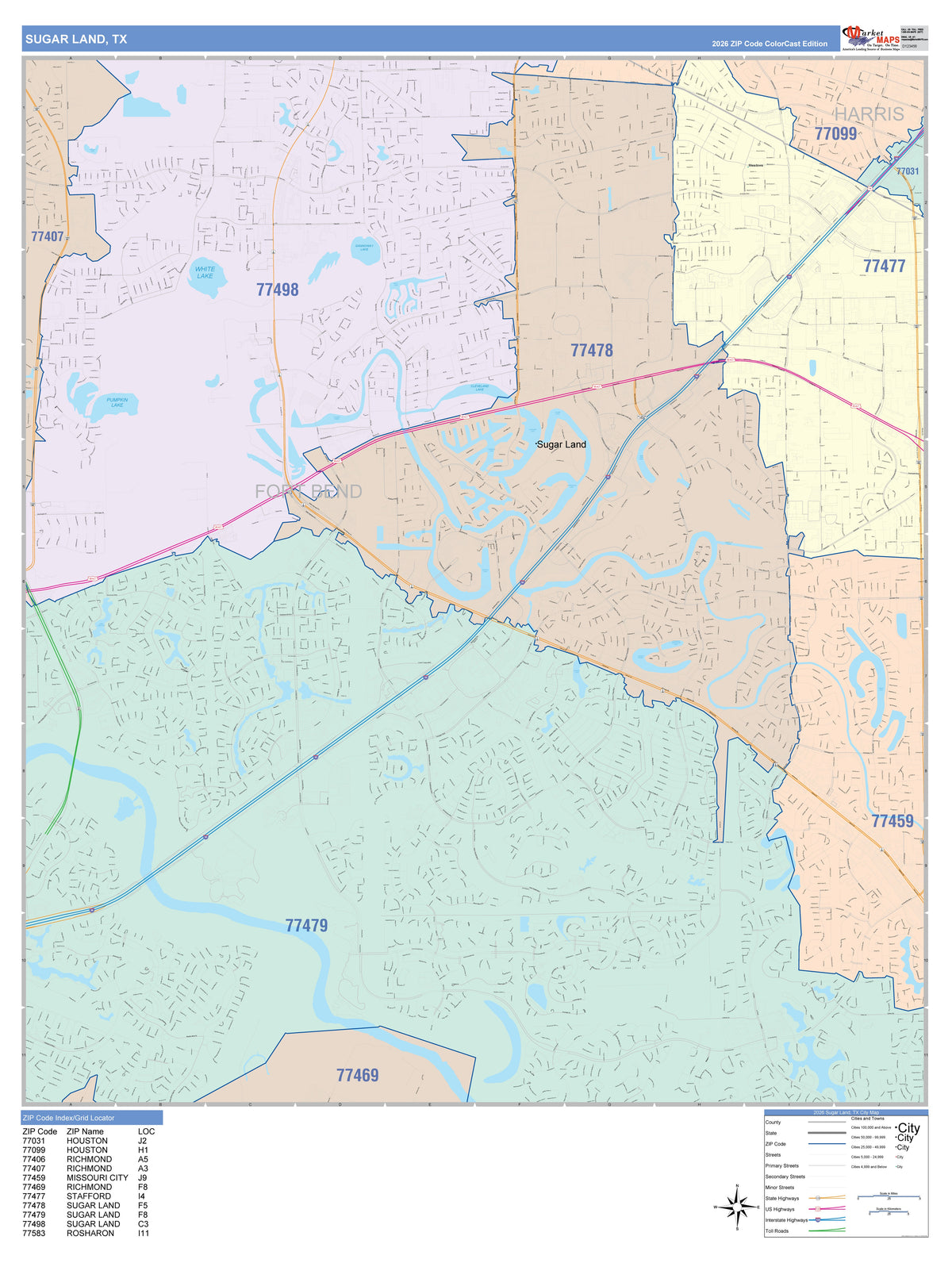 Colorcast Zip Code Style Wall Map of Sugarland, TX