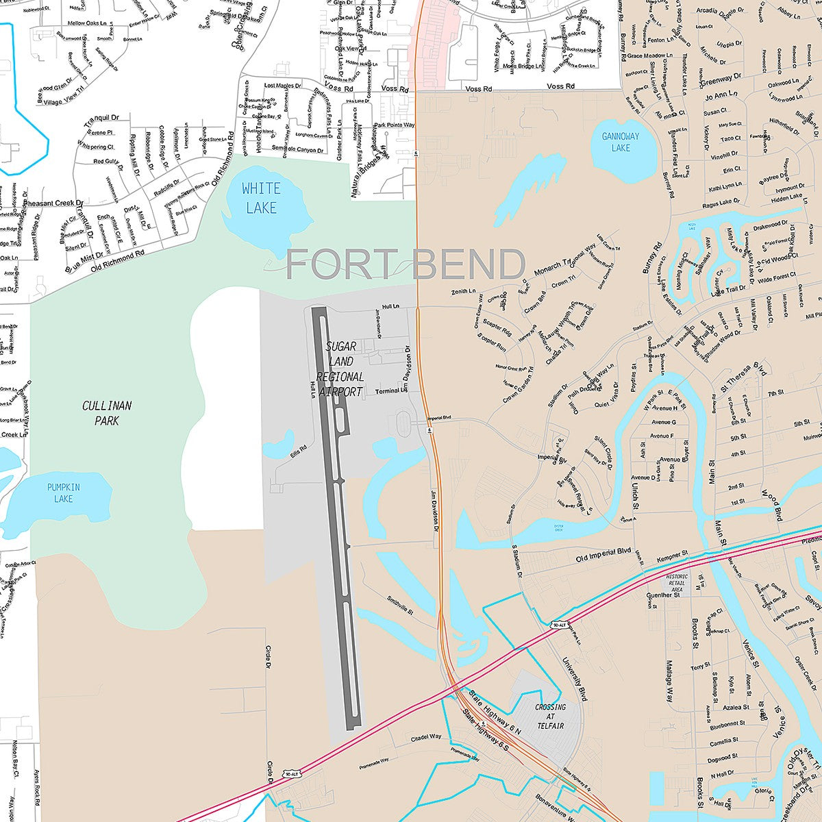 Premium Style Wall Map of Sugar Land, TX