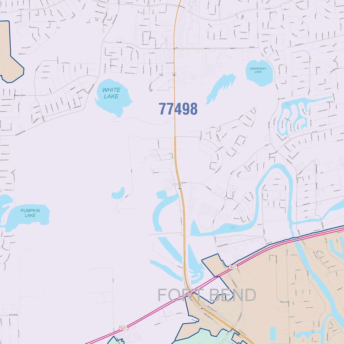 Colorcast Zip Code Style Wall Map of Sugarland, TX