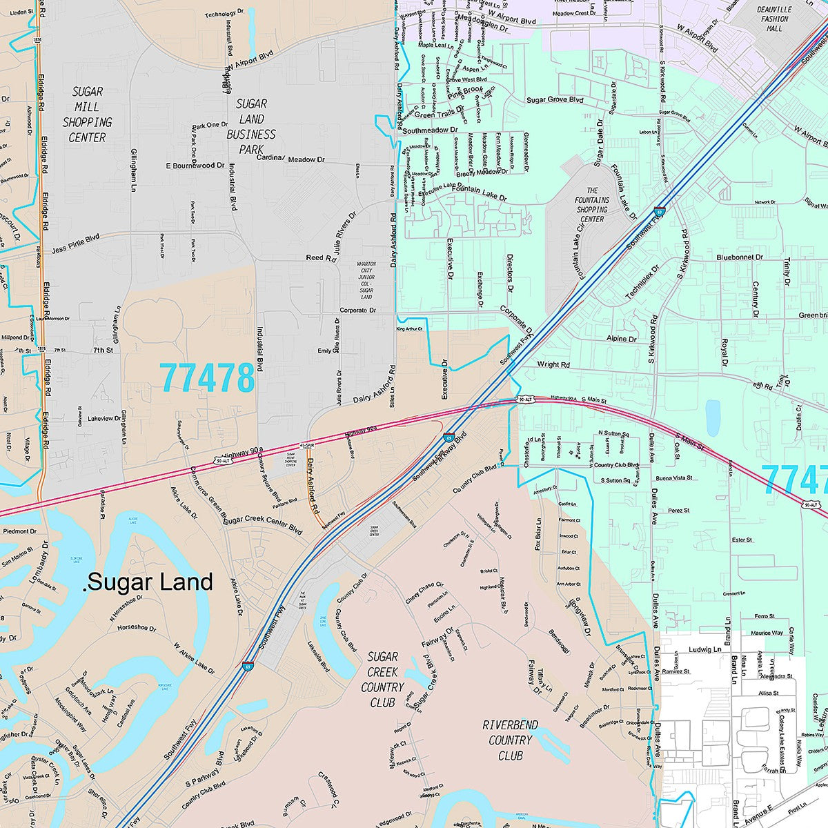 Premium Style Wall Map of Sugar Land, TX