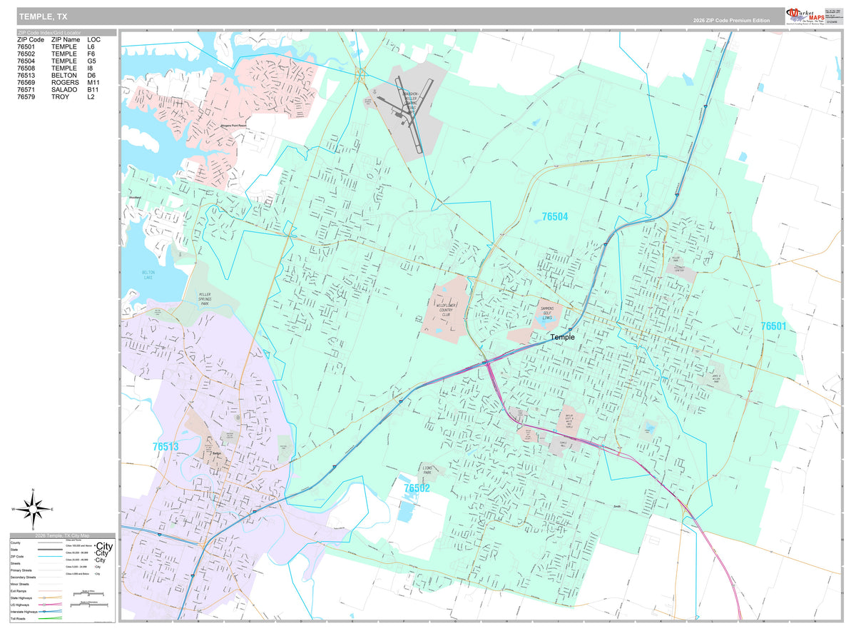 Premium Style Wall Map of Temple, TX