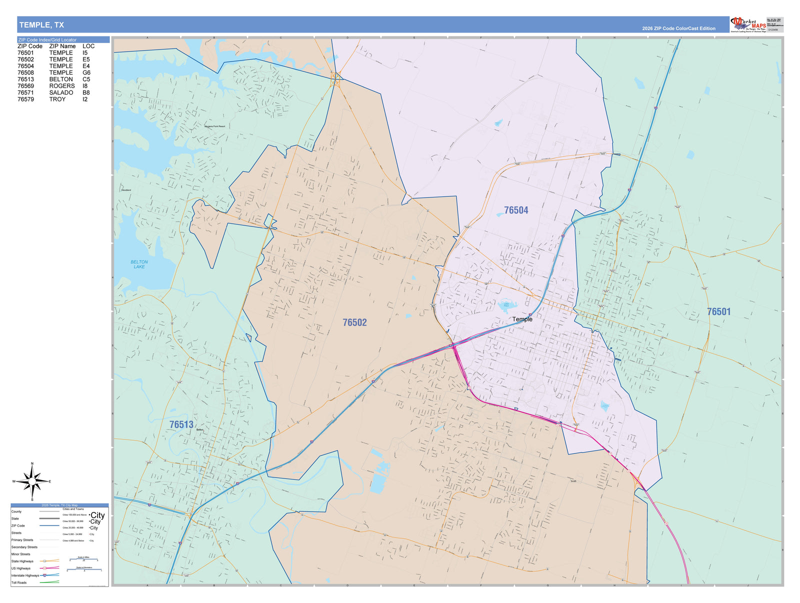Colorcast Zip Code Style Wall Map of Temple, TX