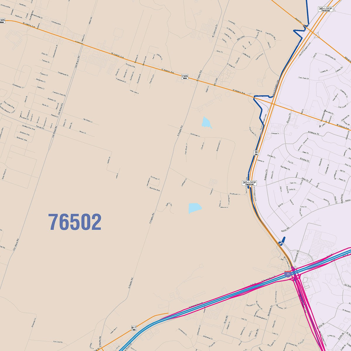 Colorcast Zip Code Style Wall Map of Temple, TX
