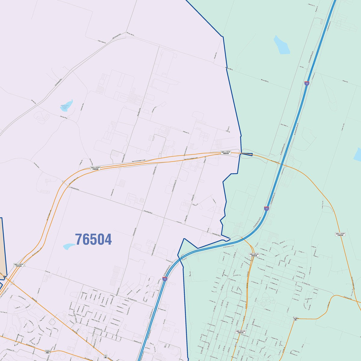 Colorcast Zip Code Style Wall Map of Temple, TX