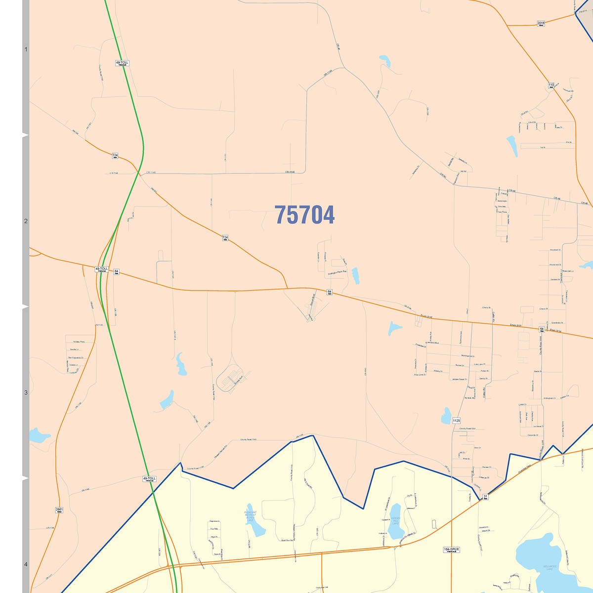 Colorcast Zip Code Style Wall Map of Tyler, TX
