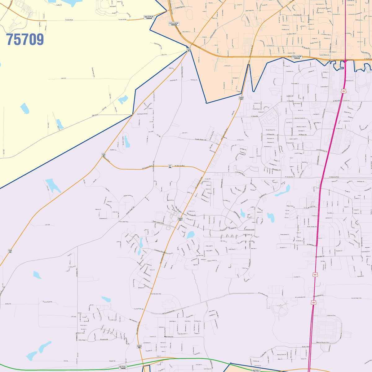 Colorcast Zip Code Style Wall Map of Tyler, TX