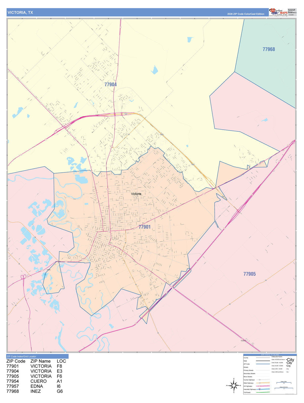 Colorcast Zip Code Style Wall Map of Victoria, TX