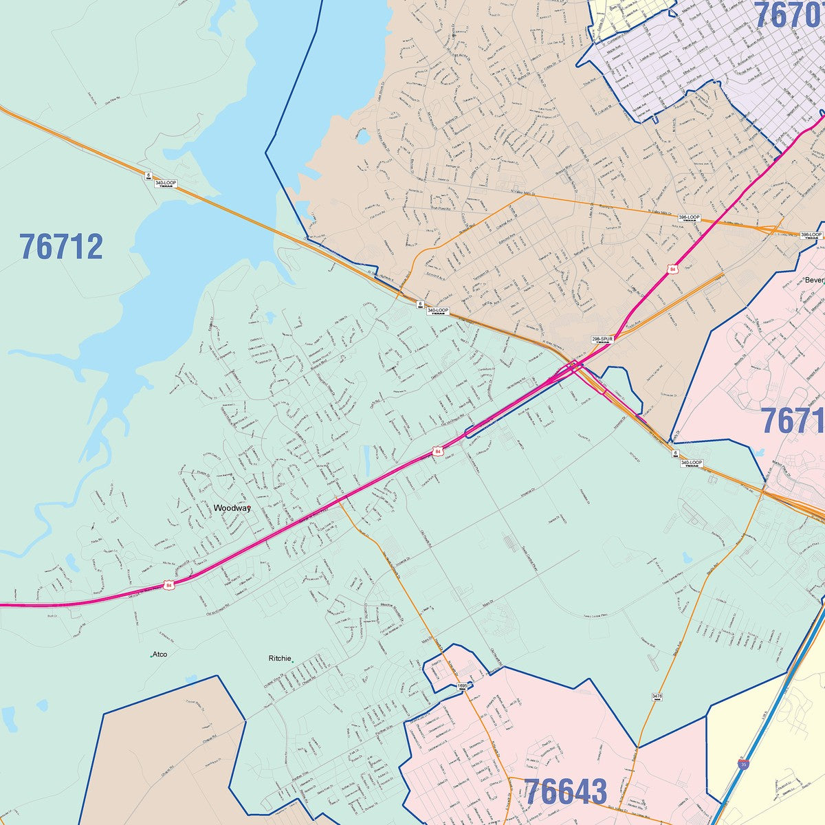 Colorcast Zip Code Style Wall Map of Waco, TX