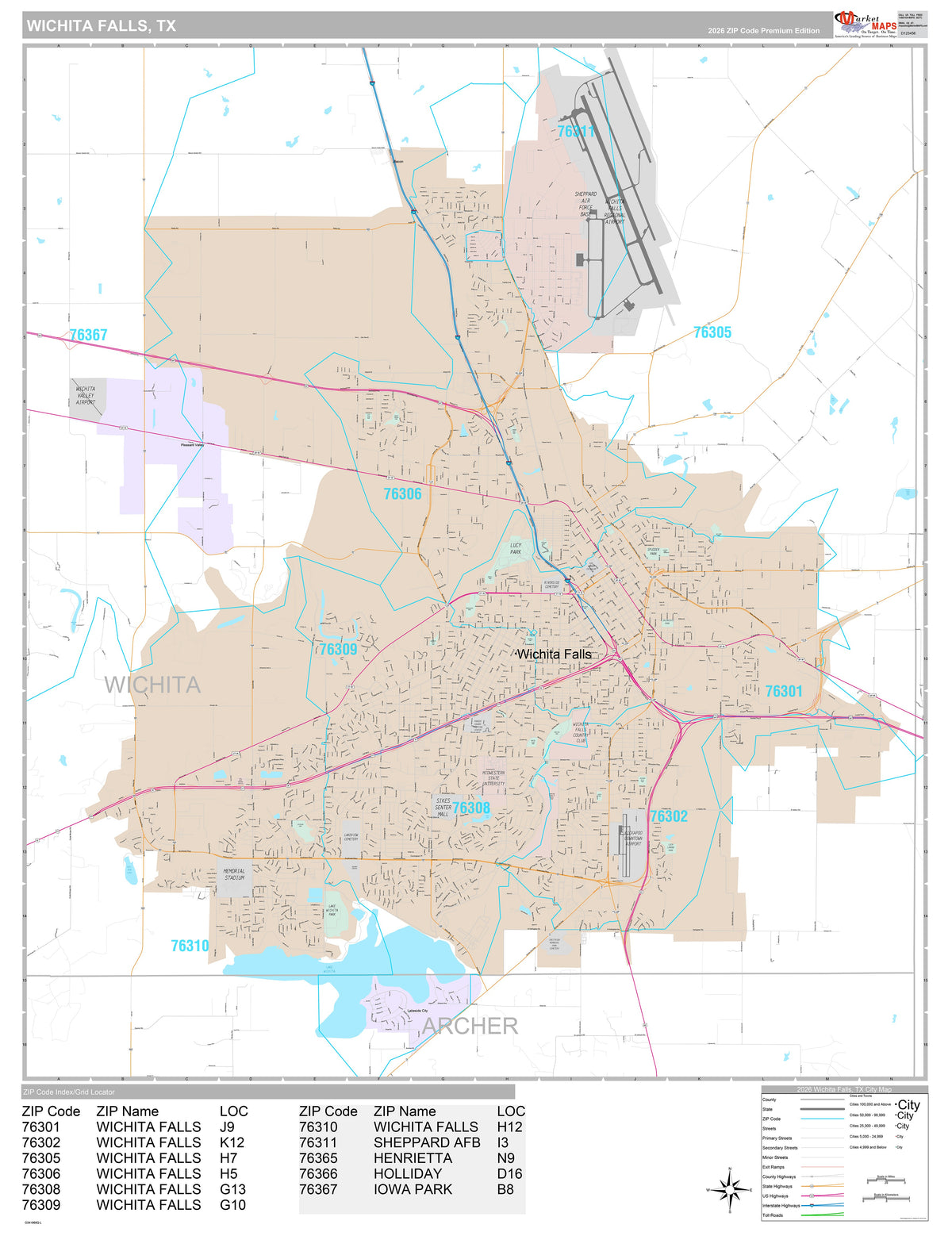 Premium Style Wall Map of Wichita Falls, TX
