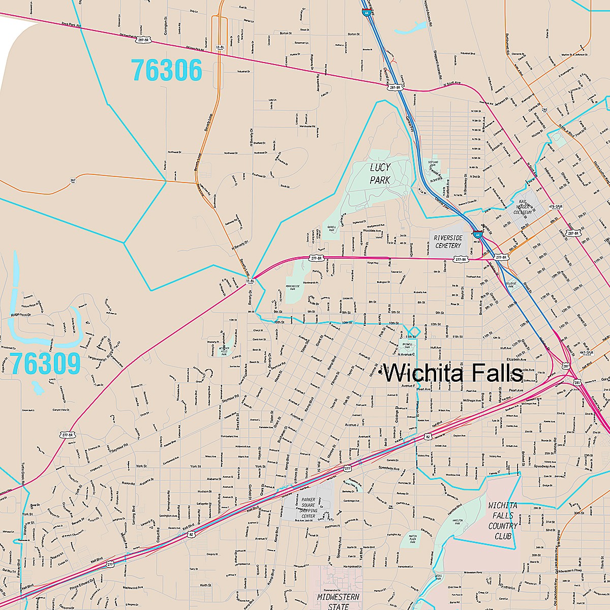 Premium Style Wall Map of Wichita Falls, TX