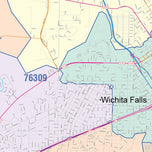 Colorcast Zip Code Style Wall Map of Wichita Falls, TX