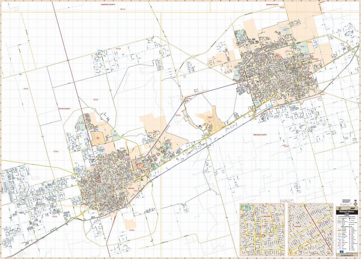 Midland & Odessa Combo Wall Map w/ Zip Codes