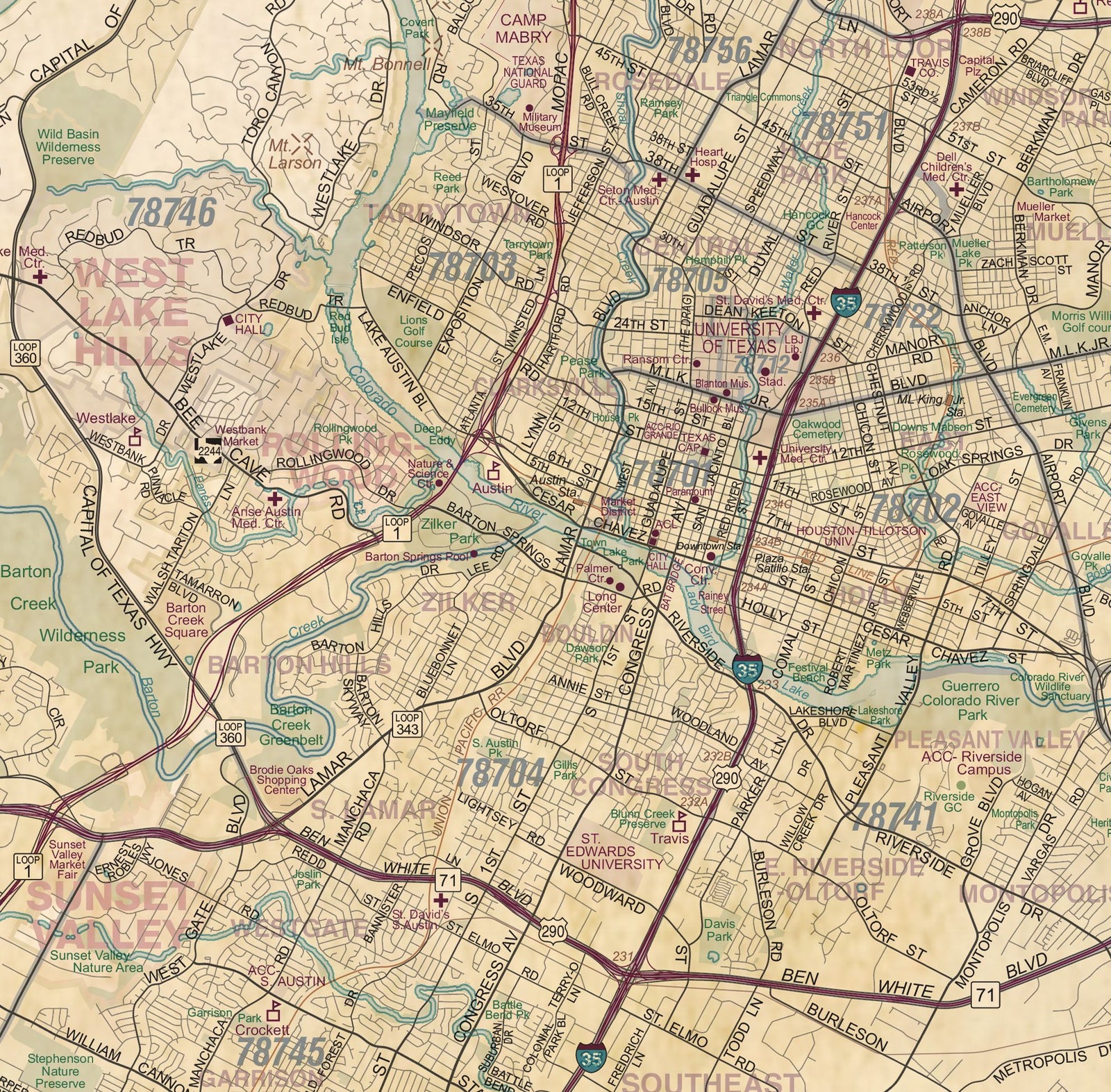 Austin Regional Area Major Arterial Wall Map - Antiqued Version