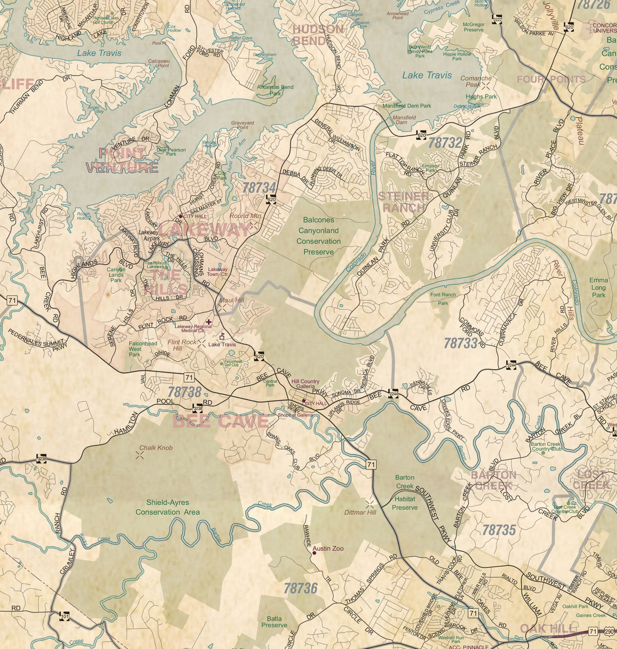 Austin Regional Area Major Arterial Wall Map - Antiqued Version