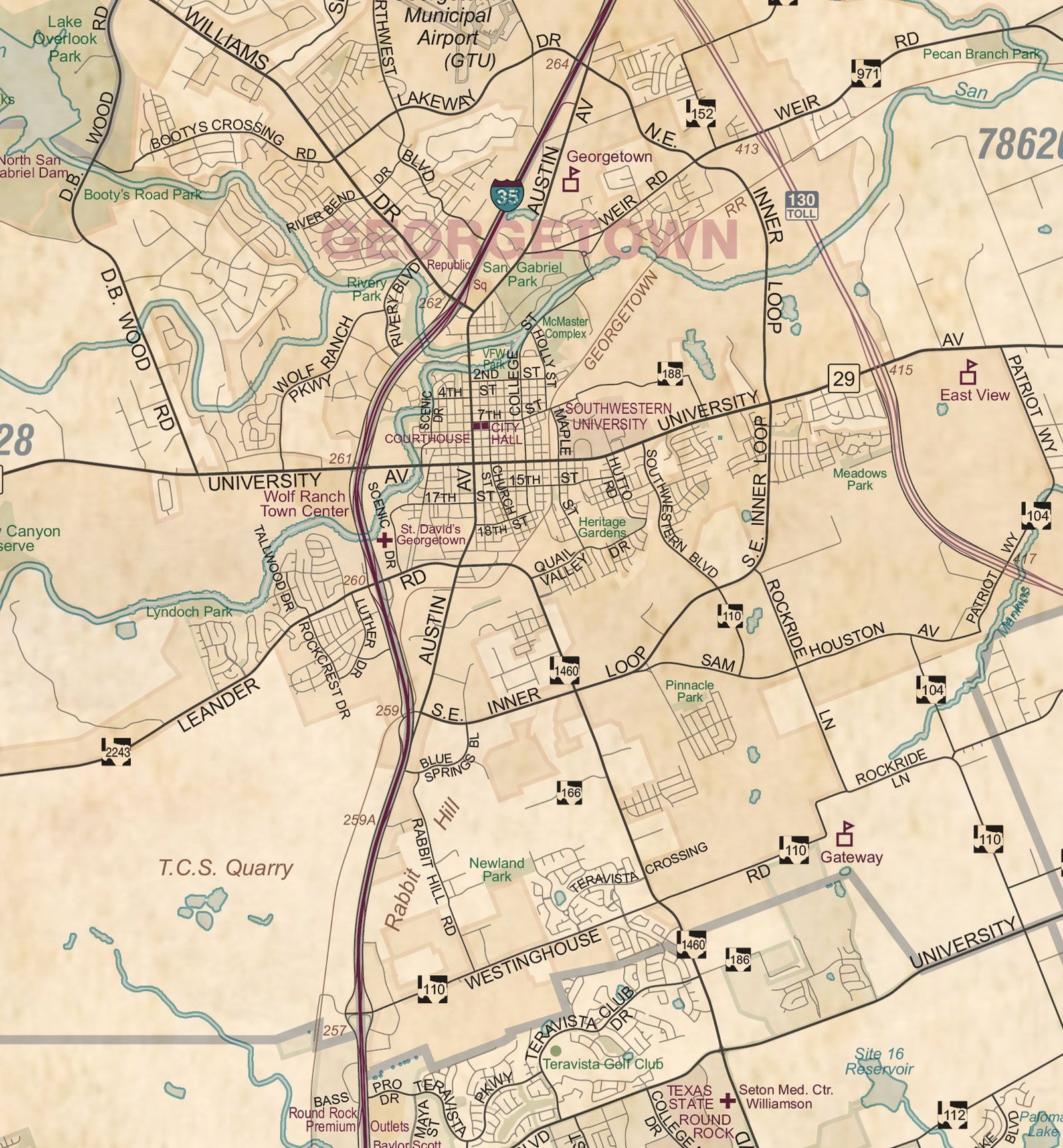 Austin Regional Area Major Arterial Wall Map - Antiqued Version
