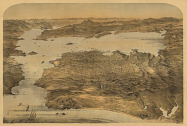 Bird's eye view of San Francisco by George H Goddard, 1868