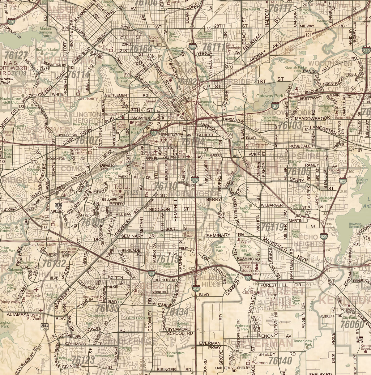 DFW Regional Area Major Arterial Wall Map - Antiqued Version