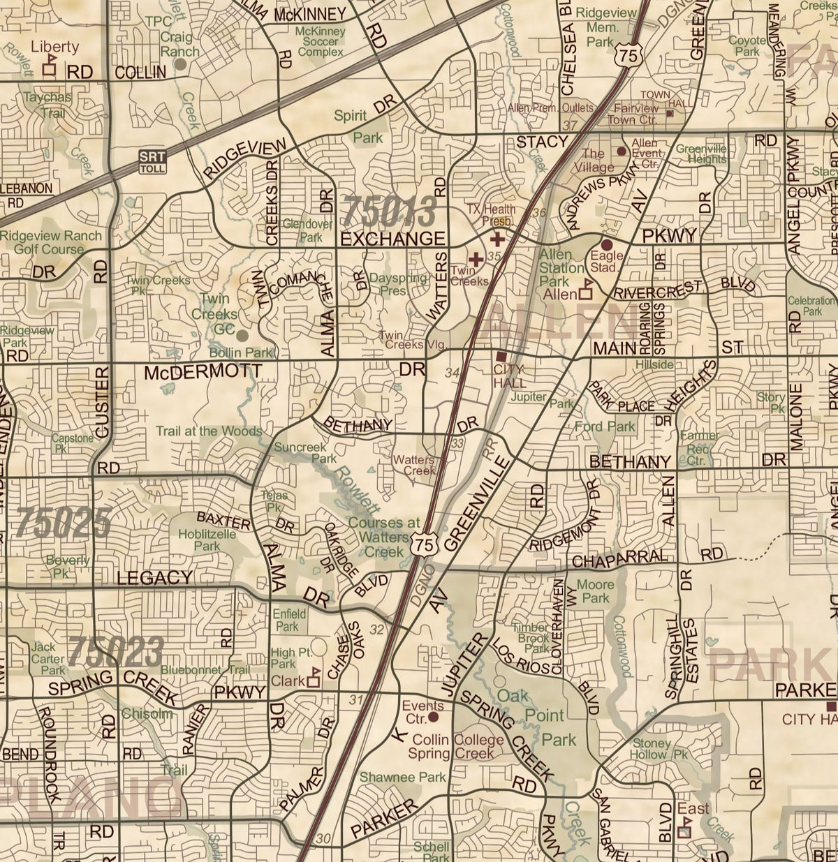 DFW Regional Area Major Arterial Wall Map - Antiqued Version