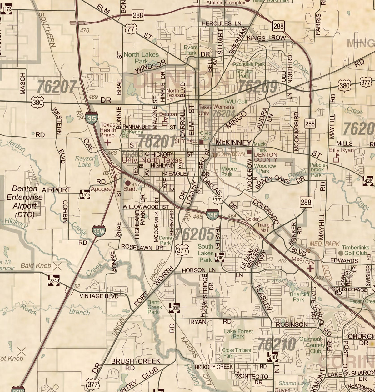 DFW Regional Area Major Arterial Wall Map - Antiqued Version