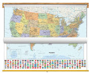 Classic US and World Map with Flags Classroom Pull Down 2 Map Bundle