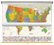 Contemporary US and World Map with Flags Classroom Pull Down 2 Map Bundle